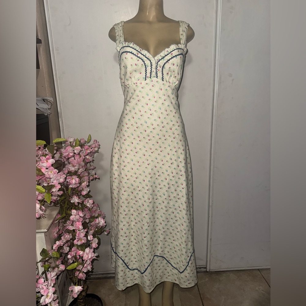 Free People Cream Floral Midi Dress with Blue Details - Picture 3 of 13